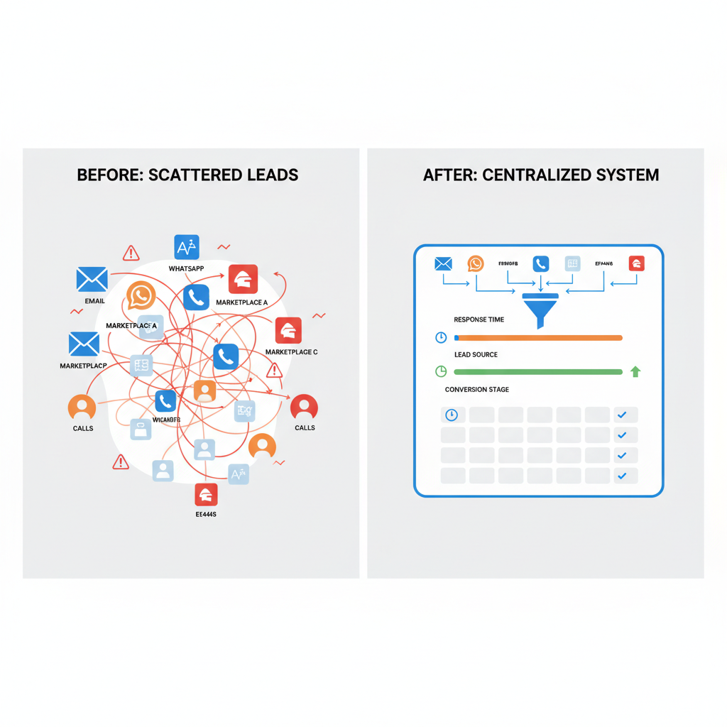 Before and after comparison of centralized versus scattered lead management for vehicle dealers