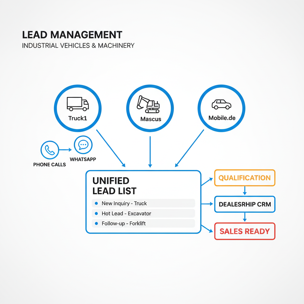 Centralized lead management dashboard for industrial vehicle dealers showing unified leads from multiple marketplaces and channels