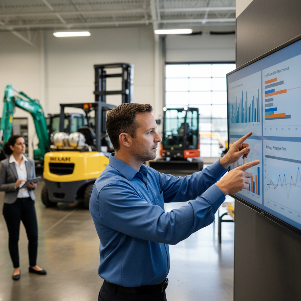 Dealership sales manager reviewing lead management analytics and performance metrics on a large screen