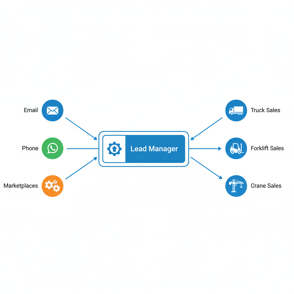 Visual diagram showing how leads from multiple channels centralize into one system for industrial vehicle dealers