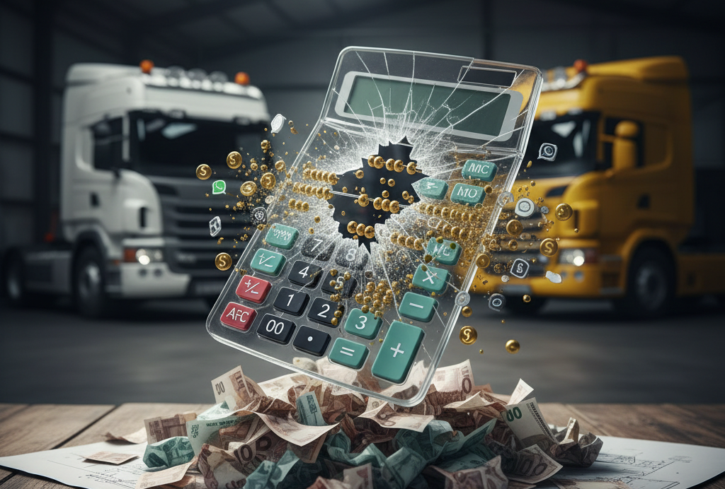 A cracked calculator floating over a pile of Euro banknotes in a truck dealership hangar, symbolizing lost revenue from unmanaged leads in the heavy vehicle industry.