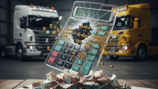 A cracked calculator floating over a pile of Euro banknotes in a truck dealership hangar, symbolizing lost revenue from unmanaged leads in the heavy vehicle industry.