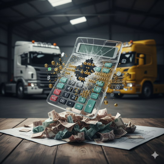 A cracked calculator floating over a pile of Euro banknotes in a truck dealership hangar, symbolizing lost revenue from unmanaged leads in the heavy vehicle industry.